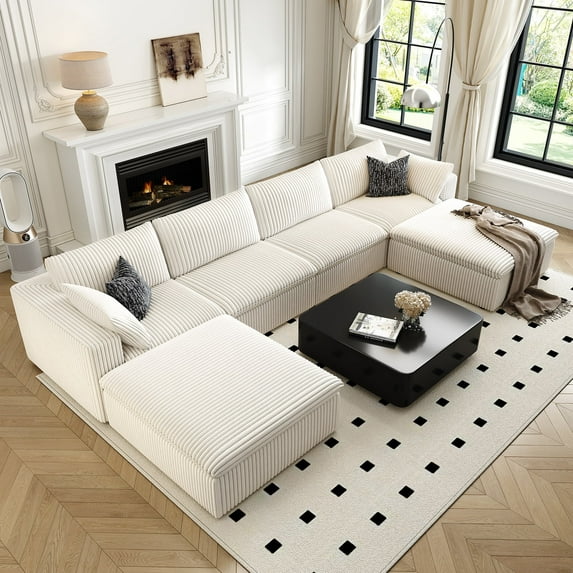 157.5" U Shaped Modern Sofa Modular Sectional Cloud Couch with 2 Ottoman,Deep Seat Upholstered Couches with Corduroy Fabric for Living Room Furniture,Bedroom and Apartment,No Assembly Required,White