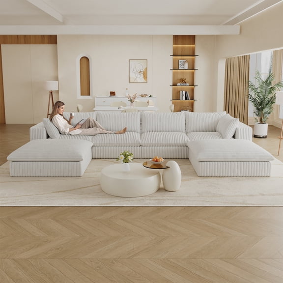 157.6" Cloud Sofa, Corduroy Fabric, Deep Seat Couches, Double-layer Design, Removable Cushion, No Assembly, DIY Combination for Living Room, Bedroom, Conference Room, Apartment, White