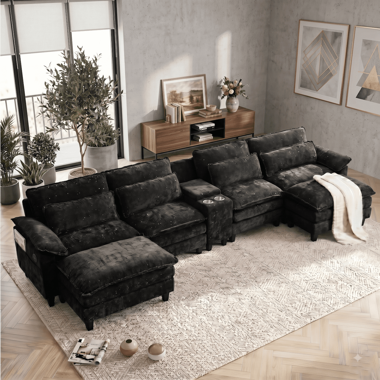 157" Convertible Cloud Sectional Sofa, Modern Chenille L Shaped Couch with Reversible Chaise, Deep Seat 6 Seat Sectional Sofa with Pillows, Comfy Upholstered Couch for Living Room Apartment (Black)