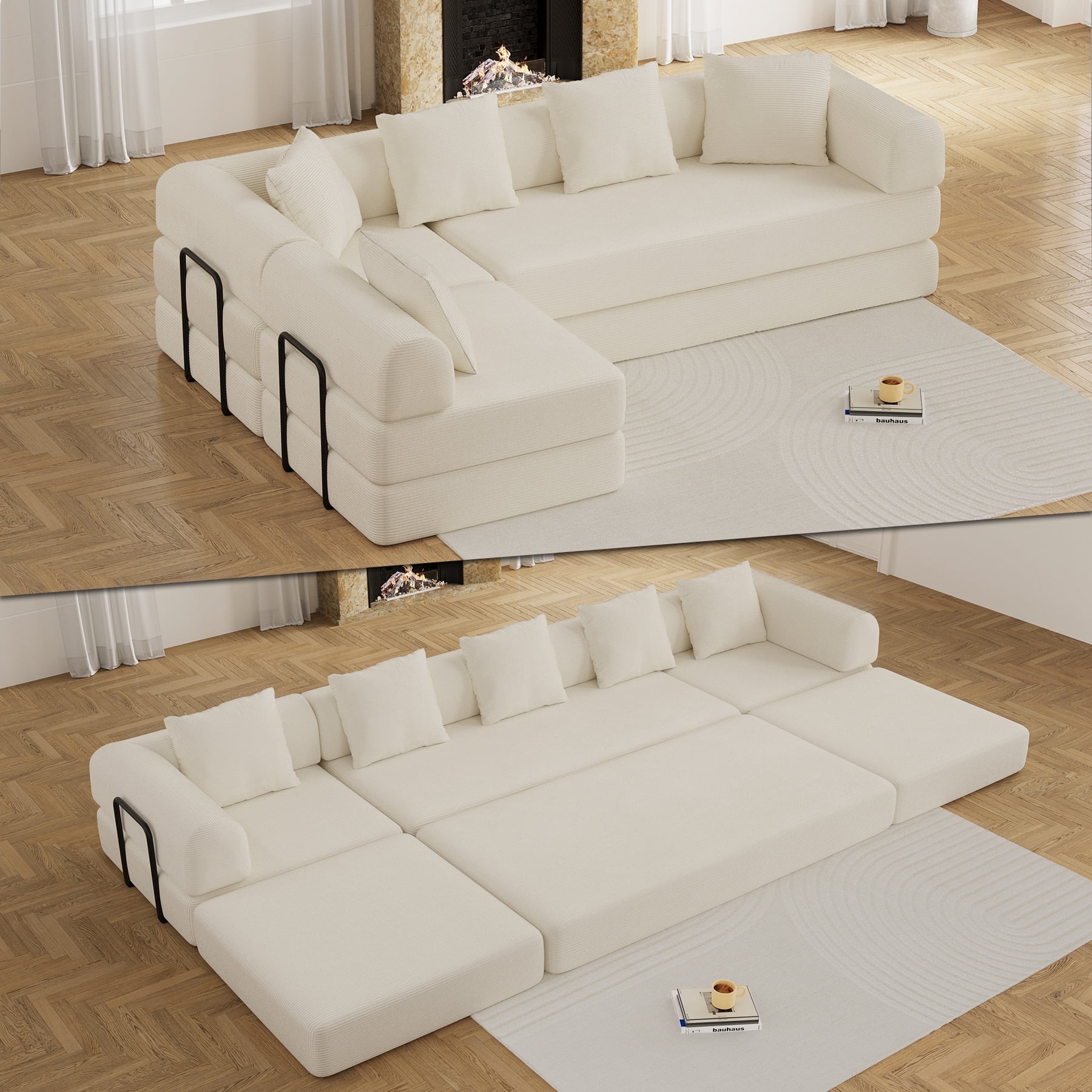 157" Convertible Sleeper Sofa Bed,Corduroy Futon Sofa Couch with High-Density Foam,Deep Seat Sofa for Living Room, Bedroom,Beige
