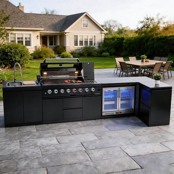 157-Inch 6-Burner Propane Gas L-Shaped Outdoor Kitchen Island Grill, 96000 BTU, 304 SS Construction, Wine Cooler, Rotisserie, Granite Countertops for Backyard Entertaining, Black