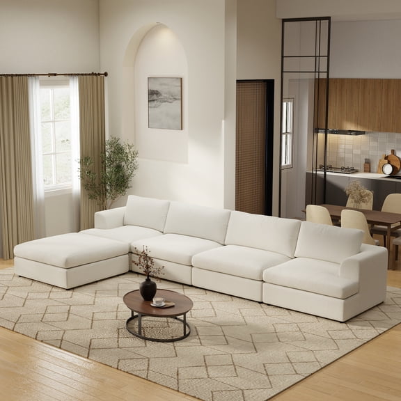 Sdorens 157" L-Shaped Cloud Couch,Modular Sectional Sofa with Ottoman,Easy Assembly,Modern Couch for Small Living Room,White