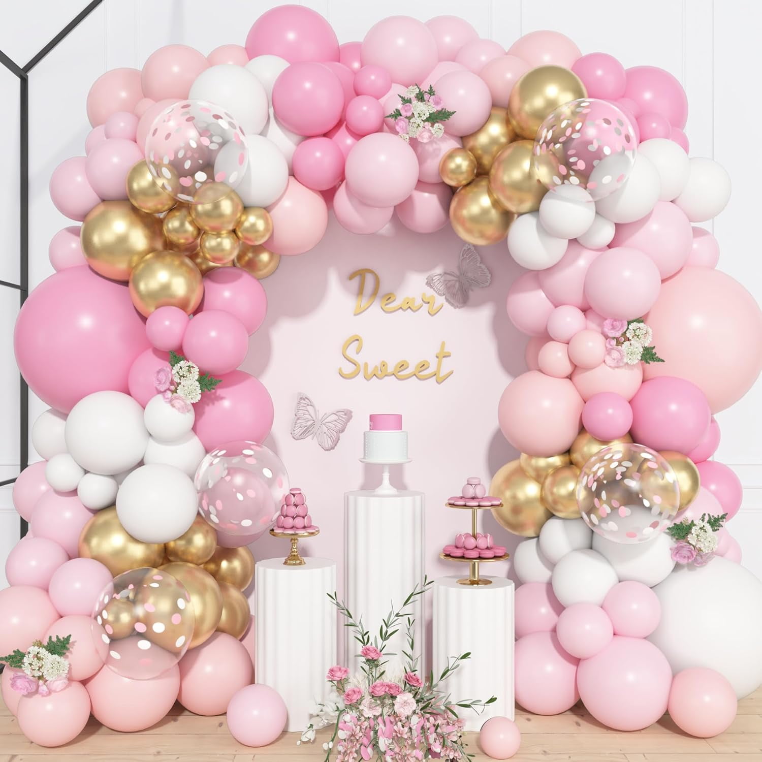 157 Pcs Pink and White Balloons Arch Kit, Pink Gold Birthday Decorations for Women Girls, Pastel Pink Chrome Gold Latex Balloon Wedding Party Baby Shower Gender Reveal Anniversary
