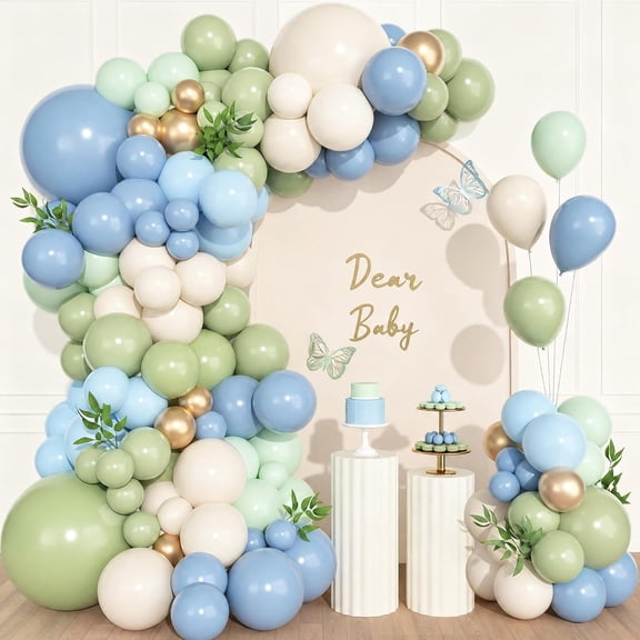157Pcs Sage Green Blue Balloons Garland Arch Kit Different Size | Dusty Blue Green Sand White Metallic Gold Balloon for Boho Bridal Baby Shower Birthday Anniversary Wedding Party Decorations