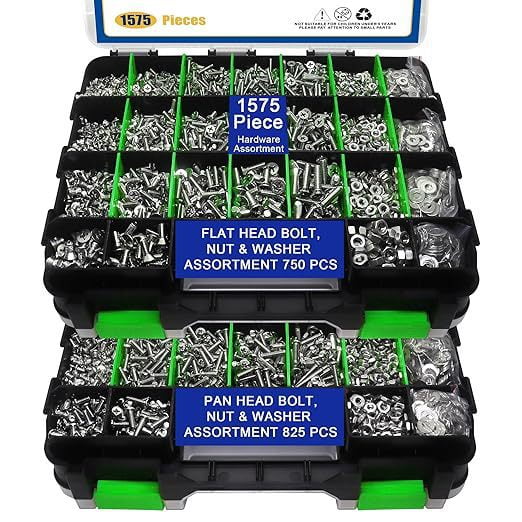 1575PCS Stainless Steel Nuts & Bolts Assortment Kit Phillips Pan/Flat Head Screws, Nuts, Bolts & Washers in Double-Sided Organizer Box