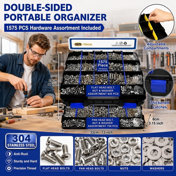 1575PCS Stainless Steel Nuts & Bolts Assortment Kit Phillips Pan/Flat Head Screws, Nuts, Bolts & Washers in Double-Sided Organizer Box