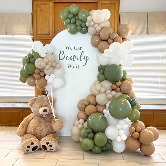 157Pcs Sage Green, White, Tan & Sand Beige Balloon Garland Arch Kit - Neutral Boho Bear Themed Balloons for Baby Shower, Birthday Party Decorations