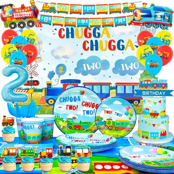 157Pcs Train Birthday Party Decor & Tableware Set, Chugga Chugga Two Two Kit with Plates, Cups, Napkins, Tablecloth, Banner, Balloons and Backdrop for Train Party Supplies