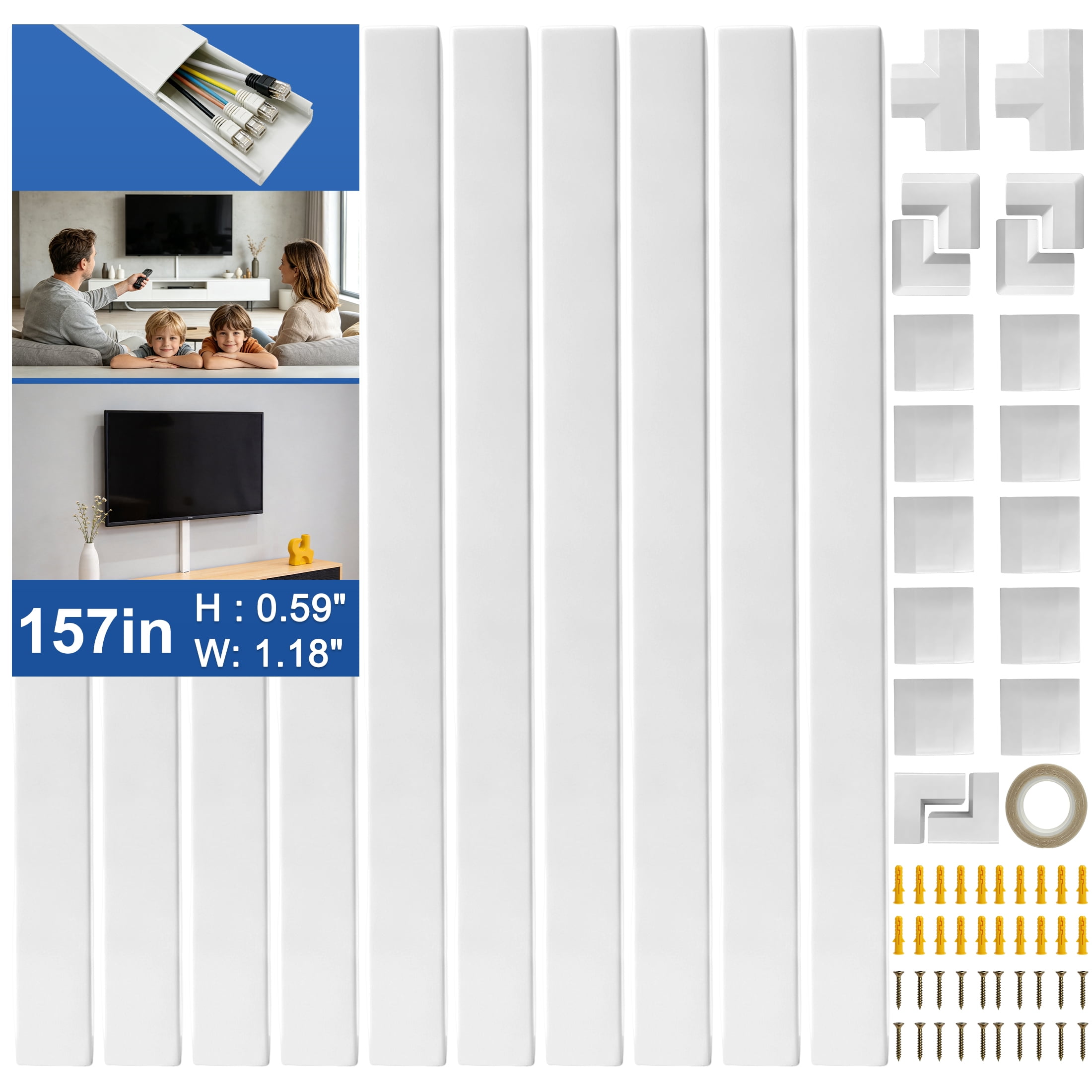 157 Inch Cable Concealer Wall Cord Cover Kit, PVC Wire Hider for Wall, Self‑Adhesive Cable Raceway, Cord Management System to Hide TV Wires, Cables Organizer for Home Office