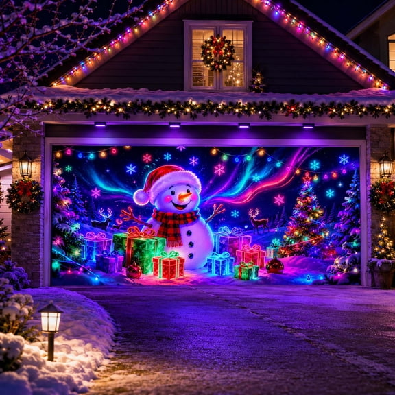 157x70Inch UV Reactive Christmas Garage Door Cover, Snowman Neon Polyester Banner for Outdoor Xmas Holiday Party Decor