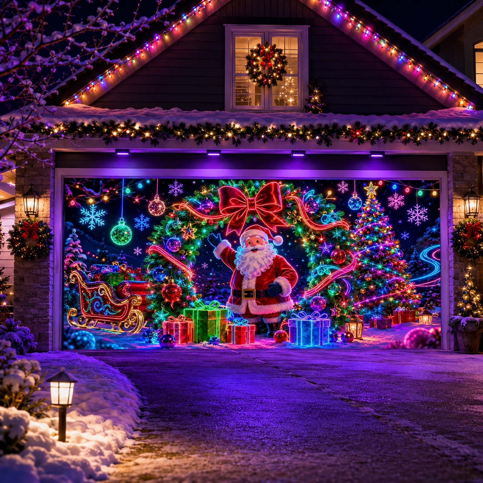 157x70Inch UV Reactive Christmas Garage Door Cover, Wreath Santa Neon