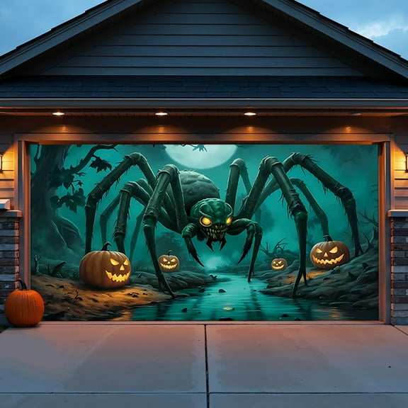 157x71inch Halloween Garage Door Decorations,Banner Christmas Giant Spider Halloween Garage Door Cover,Pumpkin Bat Spider Web Horror Large Halloween Garage Door Banner Backdrop for Wall Decor
