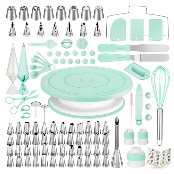 158 Pcs Cake Decorating Kit with Cake Turntable, 64 Piping Tips Set, 50+2 Pastry Bags, Frosting Spatulas, Leveler, Scrapers, Fondant Molds, and More Baking Supplies Decorating Tools
