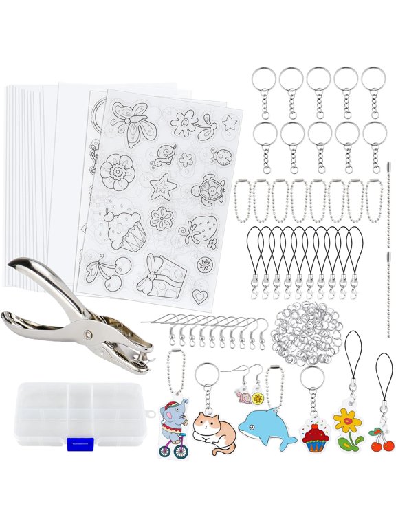 158 Pcs Shrinky Sheets Kits, Including 17 Pcs Shrinky Art Heat Shrink Plastic Sheets, 140 Pcs Keychains Accessories, Hole Punch for Adults Craft Christmas Ornaments