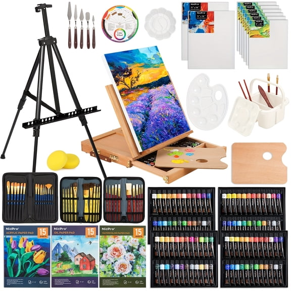 158-Piece Deluxe Large Painting Kit with Solid Beech Wood Easel - Acrylic, Oil & Watercolor Paints, Brushes, Canvases, Palette & Paper Pad - Professional Art Set, Great Christmas Gift