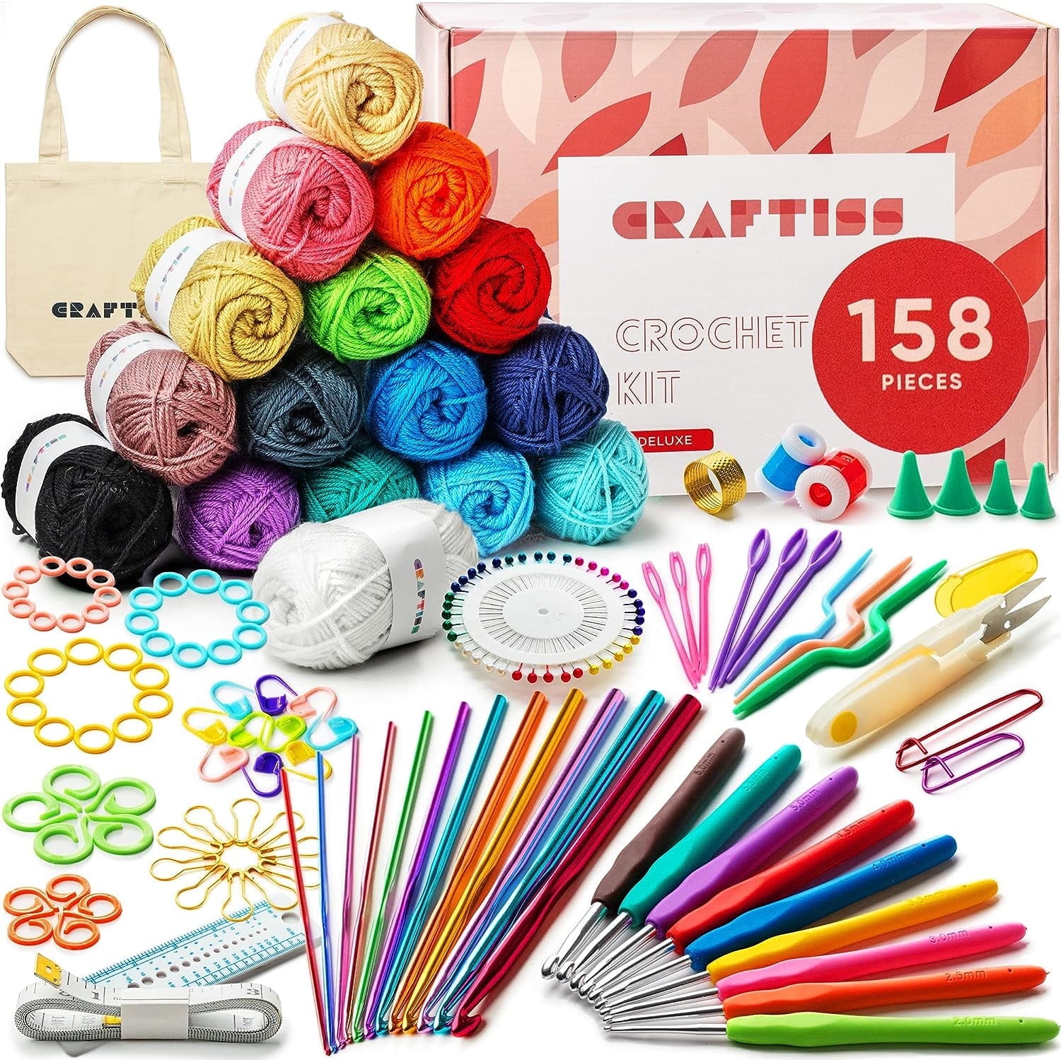 Craftiss Crochet Kit for Beginners, 158 pcs with 16 Colors of Acrylic Yarn Skeins, 1300 Yards Total Learn to Crochet Kit for Adult Beginner