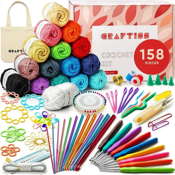 Craftiss Crochet Kit for Beginners, 158 pcs with 16 Colors of Acrylic Yarn Skeins, 1300 Yards Total Learn to Crochet Kit for Adult Beginner