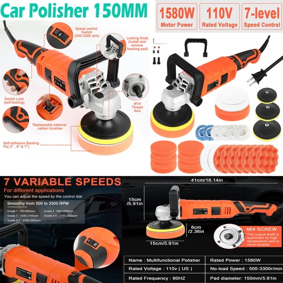 1580W Buffing Pad Machine Kit Buffer Polishing Car Polisher Waxing Tool Set 5-7"