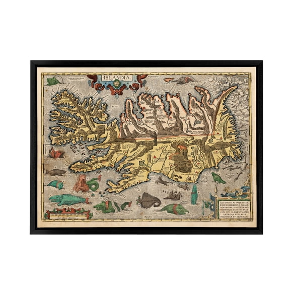 1585 Iceland Pictorial Map With Sea Monsters Black Framed Canvas Wall Art 24X32"
