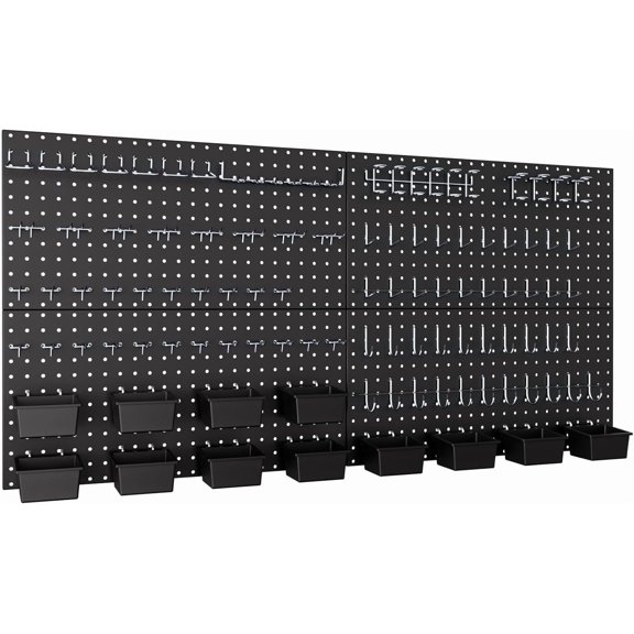 158PCS Metal Pegboard Wall Organizer, 48x24 Inch Black Pegboard Panels Tool Organizer Kit with Accessories Hooks and Bins, Peg Board Utility Tool Storage for Garage Workbench Shed