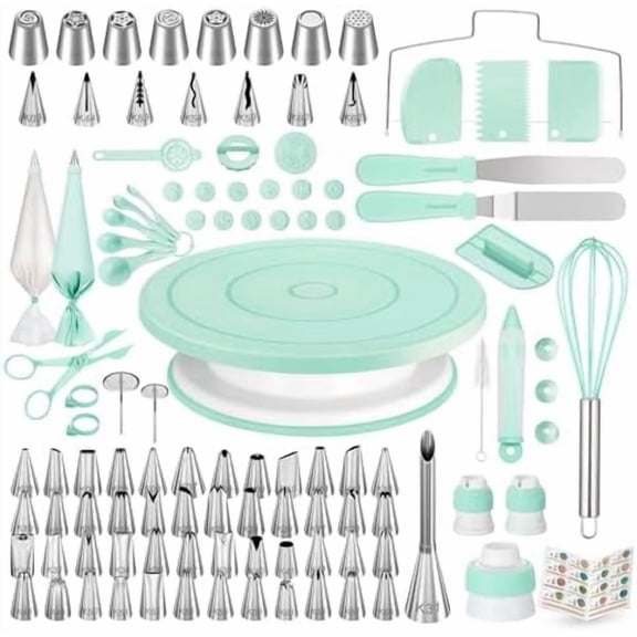 158PCs Cake Decorating Kit, Baking Supplies Tools - Includes Cake Stand Turntable, 64 Icing Piping Tips Set, 2 Frosting Spatulas, 3 Scrapers, 50+2 Pastry Bags, Coupler, Video Tutorial, Booklet