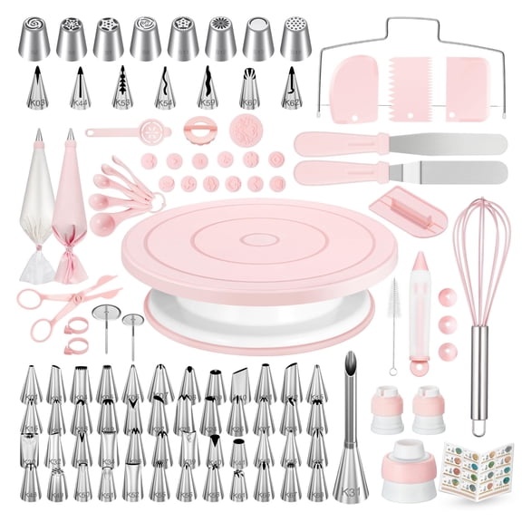 158PCs Cake Decorating Kit, Baking Supplies Tools - Includes Cake Stand Turntable, 64 Icing Piping Tips Set, 2 Frosting Spatulas, 3 Scrapers, 50+2 Pastry Bags, Coupler, Video Tutorial, Booklet