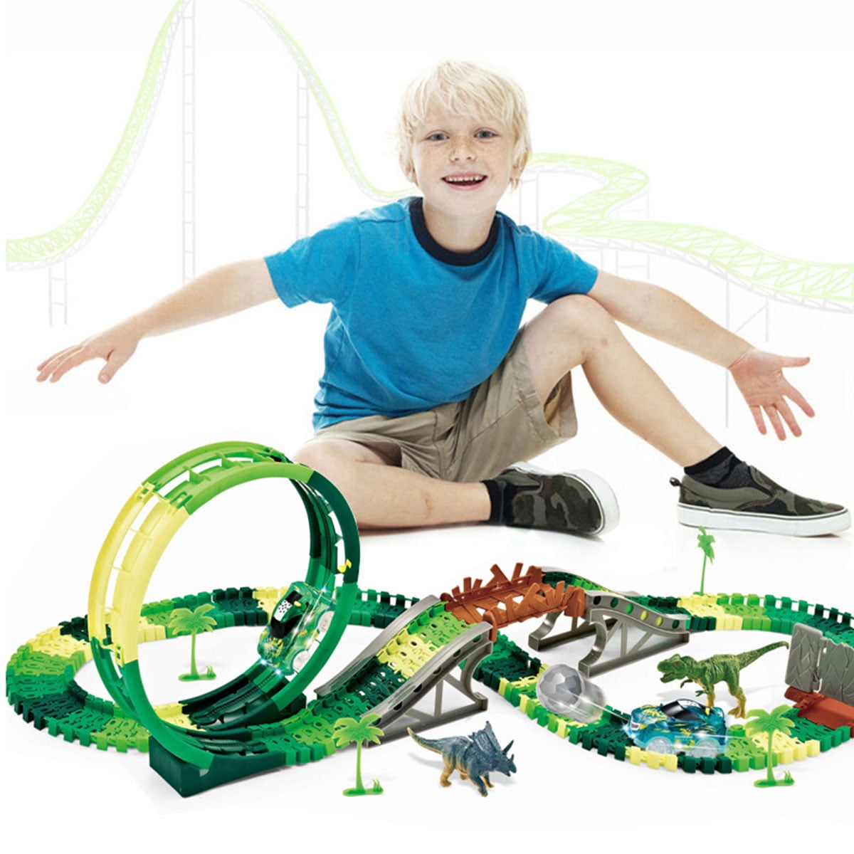 158Pcs Dinosaur Toys Track for Kids Dinosaur Race Car Track Toys with