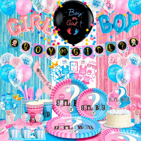 158Pcs Gender Reveal Party Decor & Tableware Set, Featuring Balloons, Banner, Plates, Cups, Tablecloth, Fringe Curtains and Photo Booth Props, All-in-one Supplies Gender Reveal Celebration