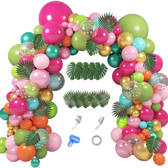 158Pcs Tropical Balloon Arch Garland Kit, Hawaiian Luau Aloha Flamingo Party Decorations Olive Green Hot Pink Orange Rose Gold Confetti Balloons Palm Leaves Birthday Baby Shower Summer Beach Supplies