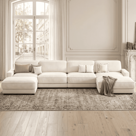 159" Oversized L-Shaped Modular Sectional Sleeper Sofa,Beige Chenille Modern 6-Seater Sectional Couch with Movable Ottoman for Living Room