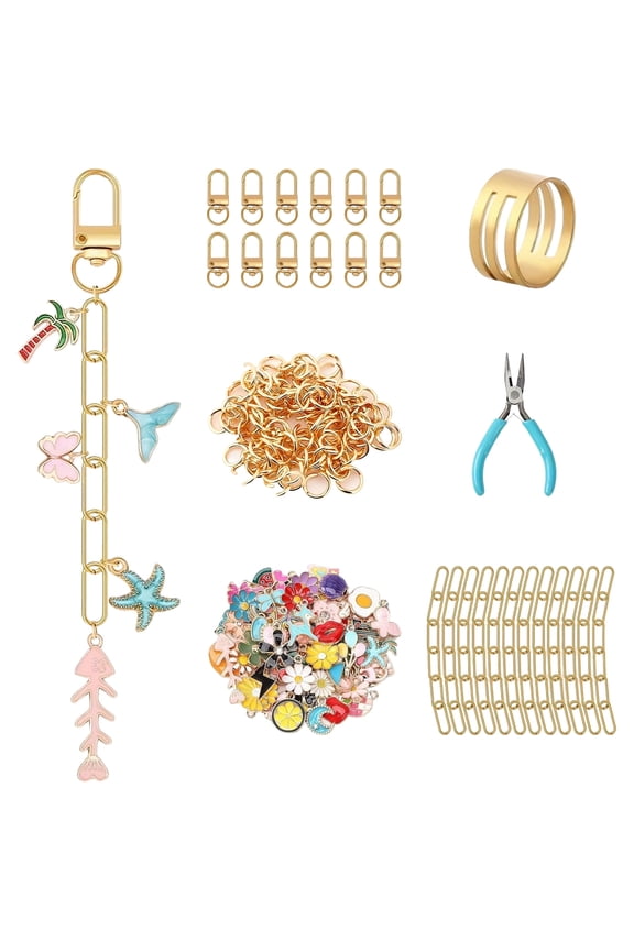 159 Pcs Keychain Making Kit with Charms, DIY Charm Jewelry Making Kit, Flower Charms, Includes Lobster Clasps, Chains, Jump Rings, Epoxy Charms, Finger Ring and Plier