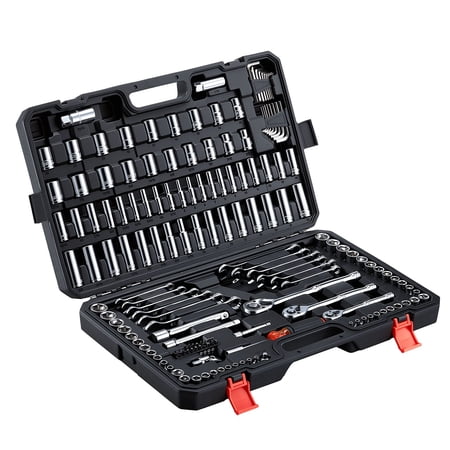 159-Piece Mechanics Tool Set, 3 Drive Sizes 1/4 3/8 1/2 in, SAE/Metric, Wrenches, Bits, Case for Auto Repair