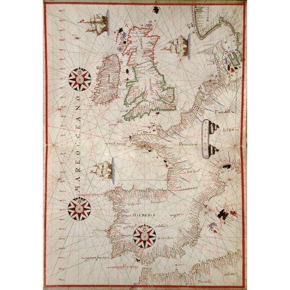 1590 Nautical Map Of Wesern Europe History (18 x 24)