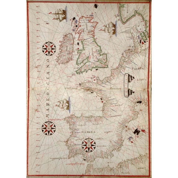 1590 Nautical Map Of Wesern Europe History (24 x 36)