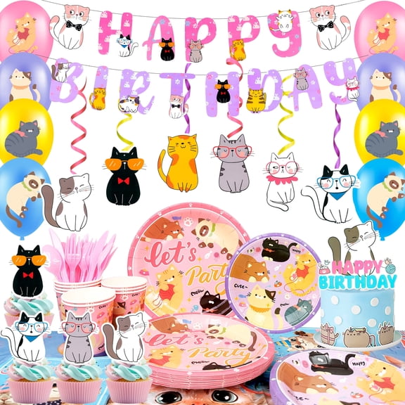 159Pcs Cat Party Decorations & Tableware Set, Includes Kitten Birthday Banner, Balloons, Cake Topper, Plates, Tablecloth and More, Perfect Cat Birthday Party Supplies