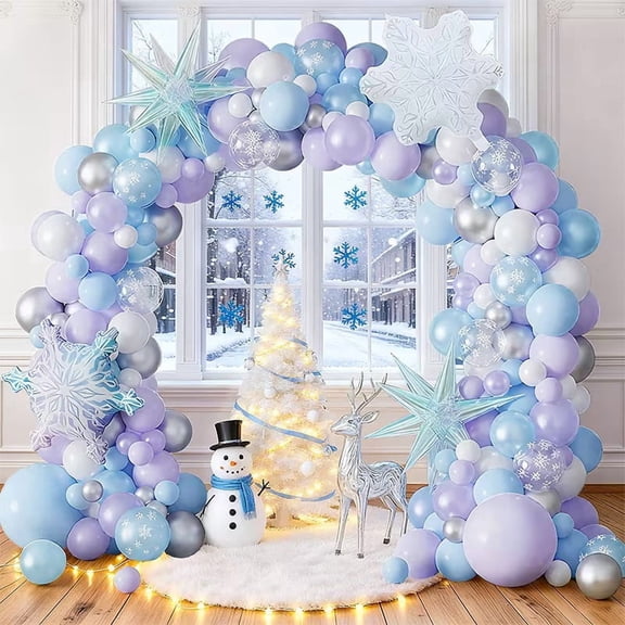159pcs Snowflake Balloon Garland Arch Set - Blue, Purple, White, Silver & Transparent Latex Balloons with Colorful Exploding & Snowflake-Shaped Foil Balloons