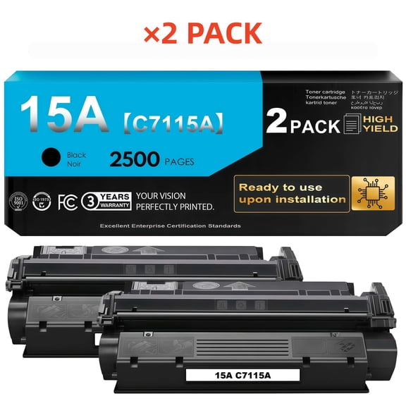 15A C7115A Black Toner Cartridge (with Chip) Compatible for 15A 1000 1005 1200 1220 3300 3320 3330 3380 Printer (2 Pack)
