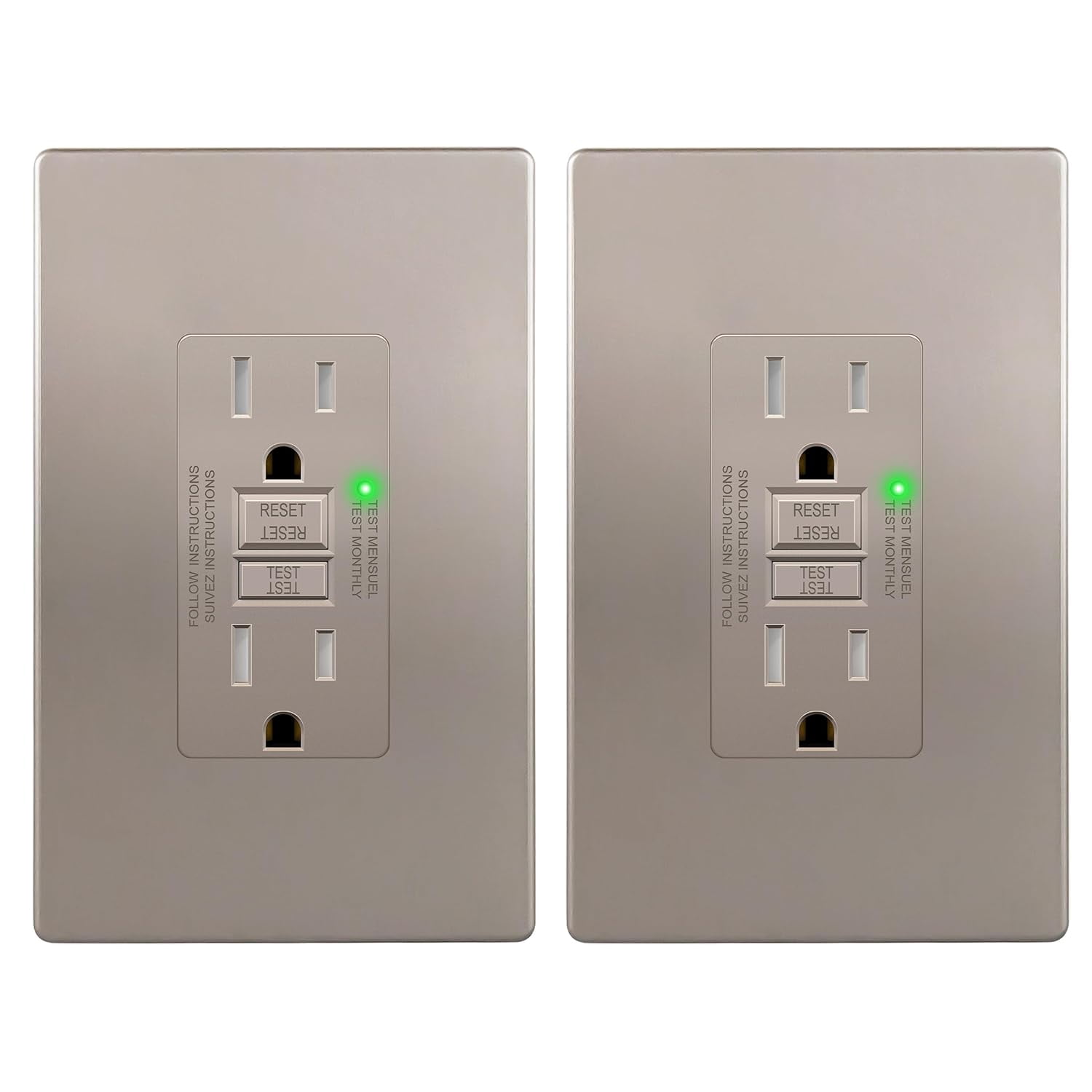 15A GFCI Outlet, Tamper-Resistant Receptacle with Self-Test, LED Indicator, ETL Listed & FCC Compliant, Anti-Interference (No-False-Trip) Protection, Screwless Wall Plate, Nickel, 2Pack