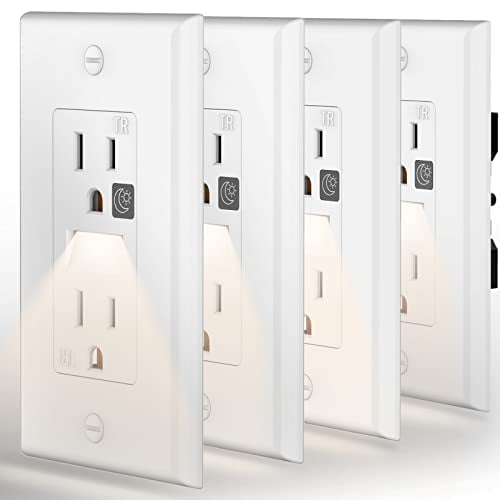 15A Outlet with Night Light, TR, 4-Pack | Auto on/off nightlight. Glows through outlets. Shutters block objects. For halls, stairs, baths. Plates & 12-month warranty.