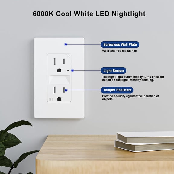 15AMP Outlet with Nightlight, Dusk to Dawn, Standard Electrical Outlets with Nightlight, 6000K Cool White LED, Tamper Resistant Outlet, ETL Listed, Screwless Wall Plate Included, 6 Pack$$