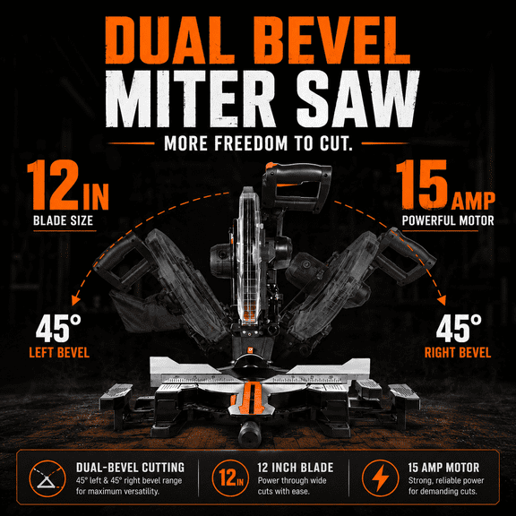 15Amp Sliding Compound Miter Saw, 12" Blade, 3800RPM, Double-Bevel 45 & Dual Miter 45, Max 13.2"x4.1" Cutting, Dado Slot, 9 Positive Stops, Ideal For Woodworking Projects