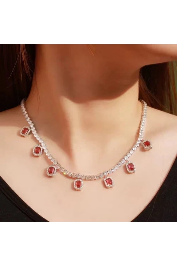 15Ct Emerald Lab Created Red Ruby Women's Tennis Necklace 14K White Gold Plated