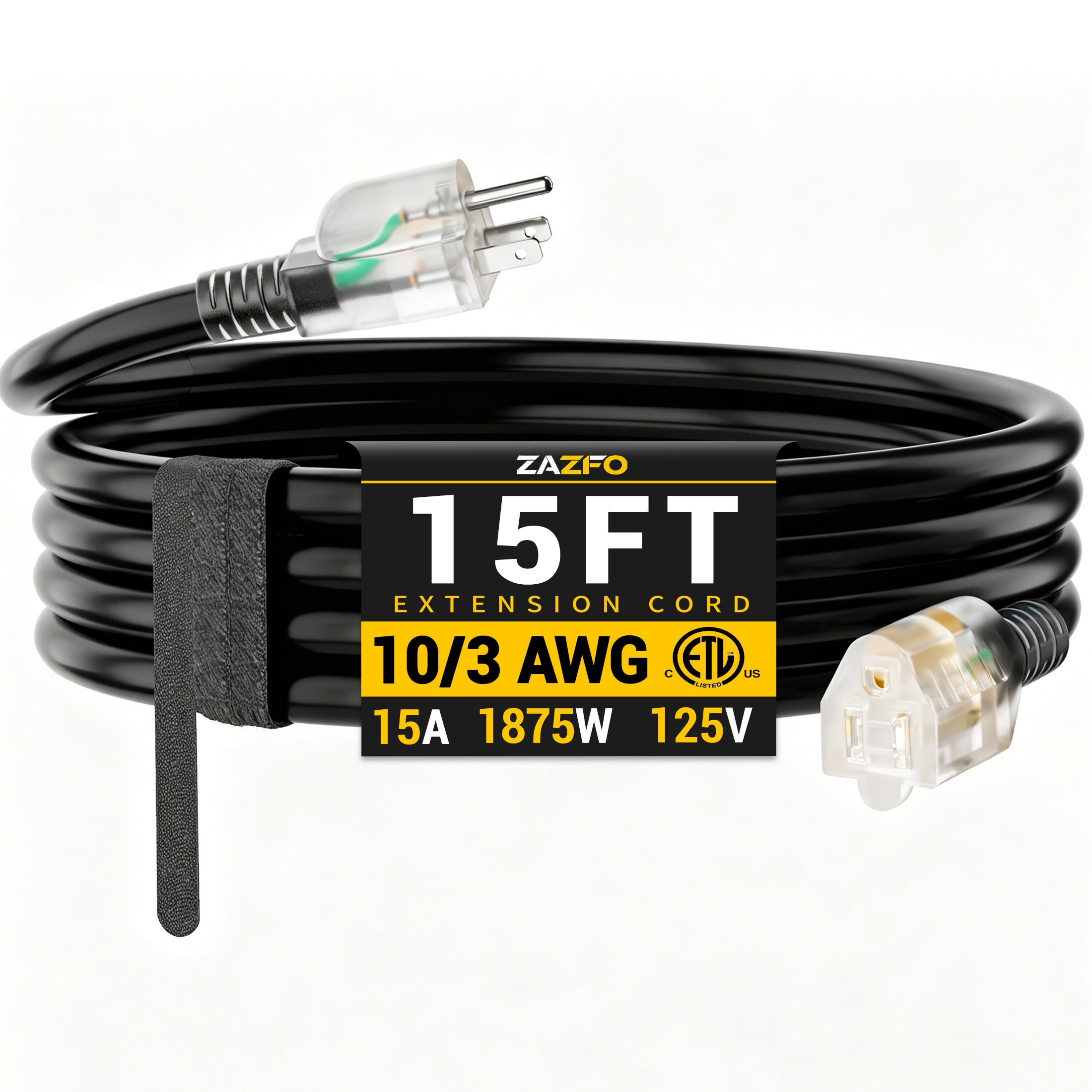 ZAZFO 15ft 10 Gauge Extension Cord, 3 Prong 5-15P to 5-15R, SJTW with Power Indicator Light, Heavy Duty Flexible Durable, Black Waterproof for Outdoor Use