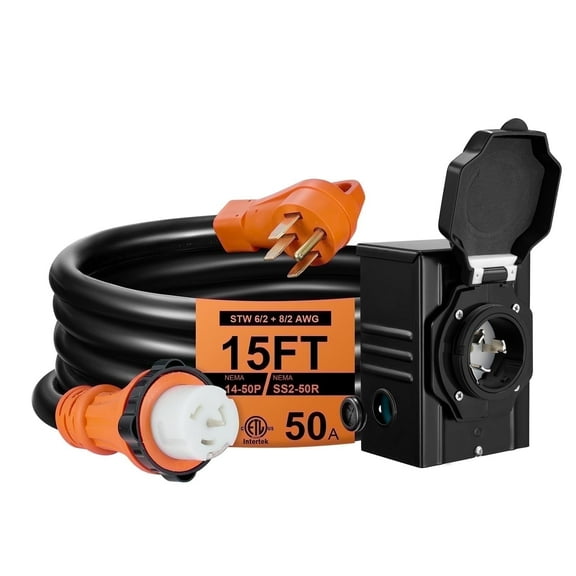 SPEEDWOW 15 FT 50 Amp RV Extension Cord, 125/250V Heavy Duty Extension Cord with Generator Inlet Box, 6/3 8/1 Gauge STW ETL Listed, NEMA 14-50P to SS2-50R, Waterproof Power Cord for RV Outdoor Home