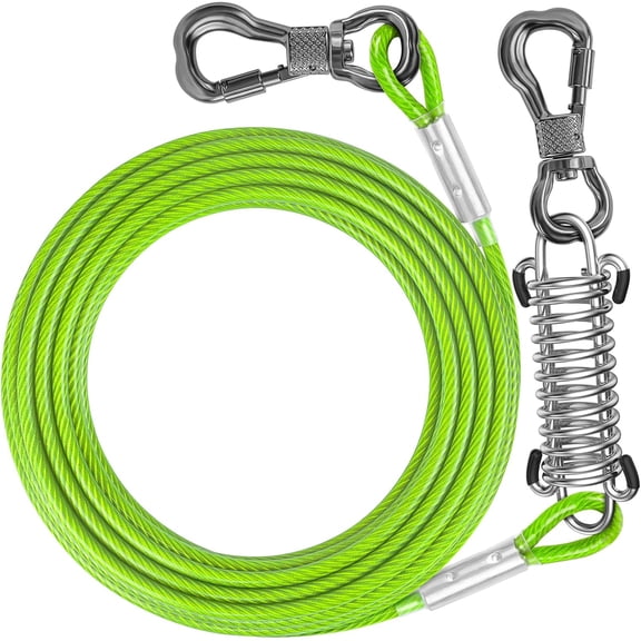 15FT Dog Tie Out Cable with Spring, Shock Absorbing Dogs Chain for Outside, Multiple Heavy Duty Tether Leads for Yard for Medium & Large Dogs Up to 500 LBS Fluorescent Green,15FT