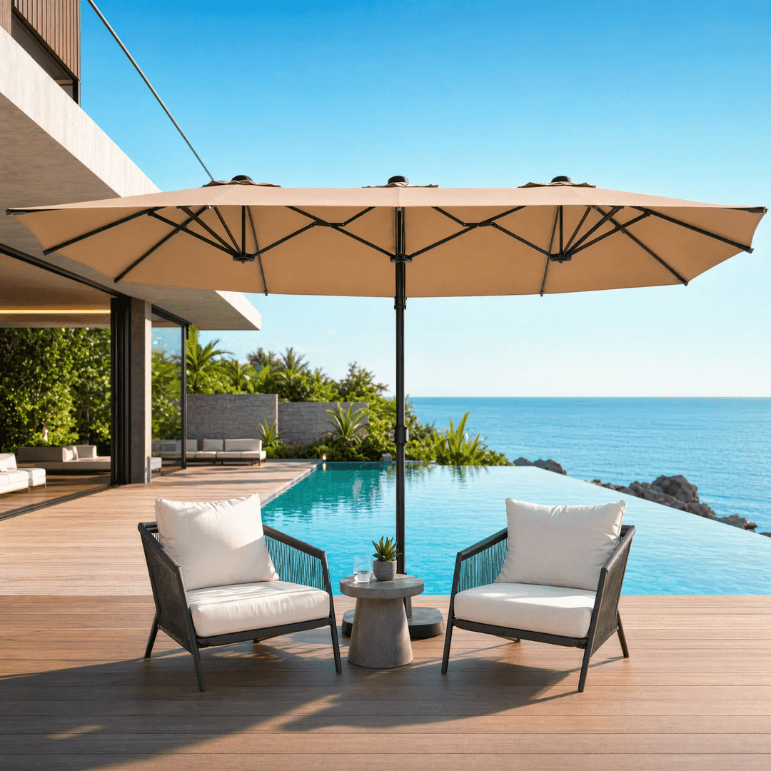 15FT Double-Sided Patio Umbrella with Base, Rectangular Outdoor Umbrella for Backyard, Deck & Poolside, Khaki