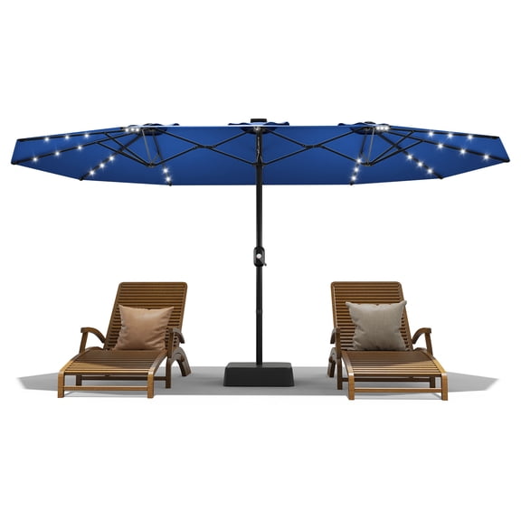 15FT Double-Sided Rectangular Patio Umbrella with 36 Solar LED Lights & Heavy Duty Base – UV Resistant, Waterproof, Windproof Outdoor Market Umbrella for Poolside, Lawn, Backyard, Deck