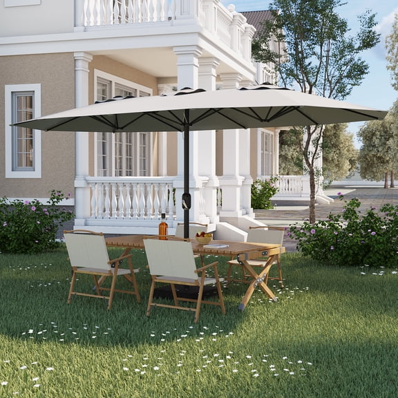 15FT Double-Sided Rectangular Patio Umbrella with Base Heavy-Duty Outdoor Market Sun Shade, UV Protection, Waterproof Polyester Canopy, Crank Lift for Backyard, Deck, Poolside Grey