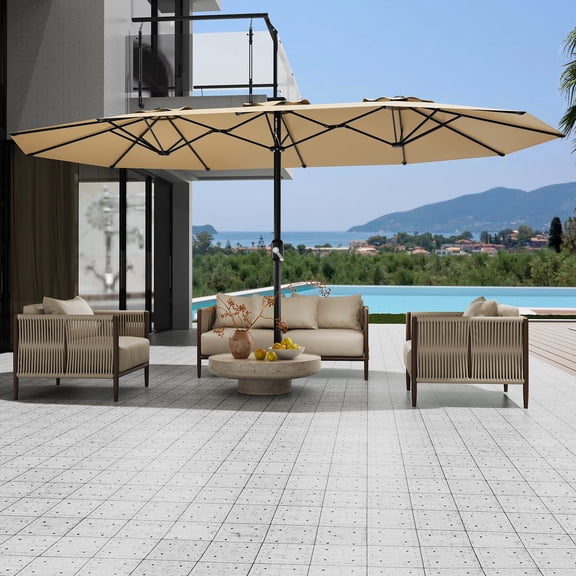 15FT Double-Sided Rectangular Patio Umbrella with Base Heavy-Duty Outdoor Market Sun Shade, UV Protection, Waterproof Polyester Canopy, Crank Lift for Backyard, Deck, Poolside Beige