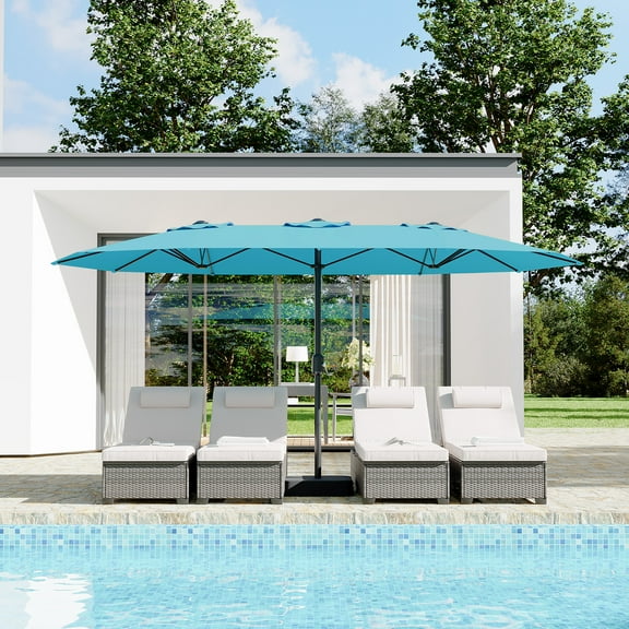 15FT Extra Large Double-Sided Rectangle Patio Umbrella with Heavy Duty Base - UV-Resistant & Waterproof for Outdoor – Mist Blue